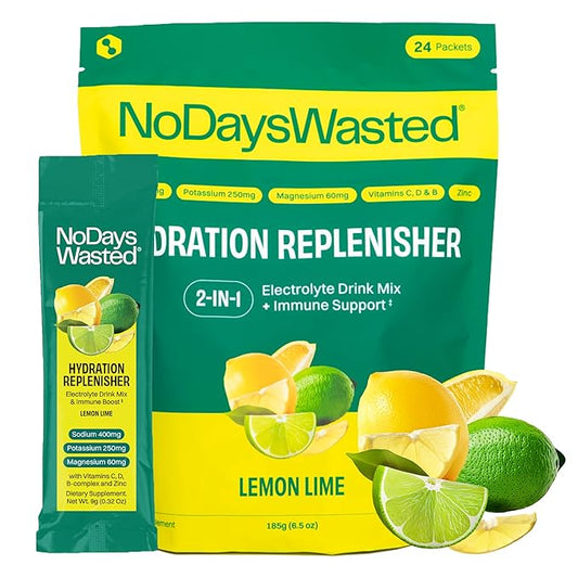 No Days Wasted Hydration Replenisher Electrolyte Replacement Stick Packets| Essential Rapid Hydration & Vitamins | Sodium, Potassium, Magnesium, Vitamins B, C, D, Zinc | Lemon Lime 24 Pack