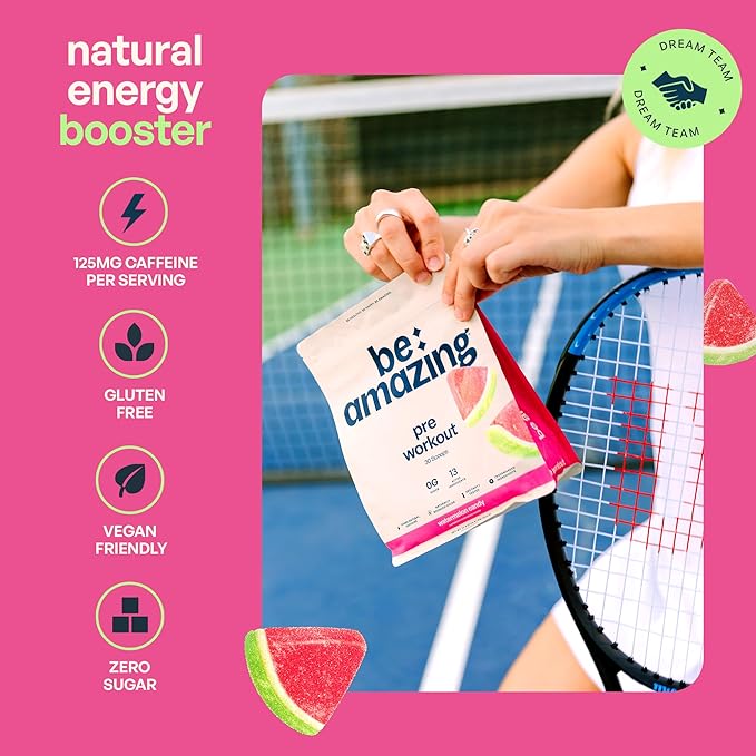 Be Amazing Pre-Workout Powder | Vegan Energy Booster Powdered Drink with All-Natural Caffeine, No Crash, No Jitters Gluten-Free Supplement with Adaptogens | Watermelon Candy, 30 Scoops