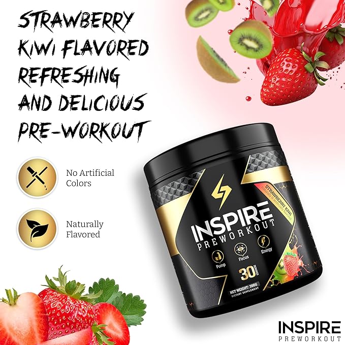 Inspire Pre Workout for Men & Women – 6g Citrulline Malate 2:1, L-Arginine, Beta Alanine, Clean Energy, Endurance Support, & Focus Formula for Pump – 30 Servings, Strawberry Kiwi