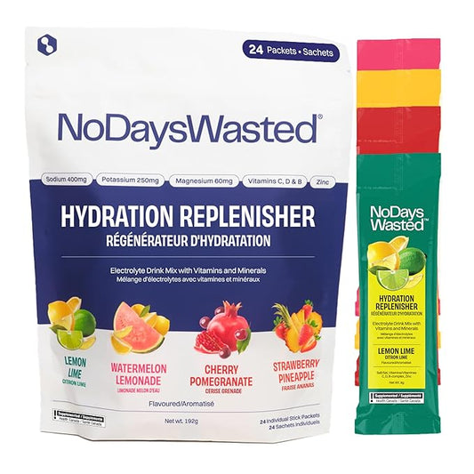No Days Wasted Hydration Replenisher Electrolyte Replacement Stick Packets| Essential Rapid Hydration & Vitamins | Sodium, Potassium, Magnesium, Vitamins B, C, D, Zinc | 4 Flavor Variety Pack