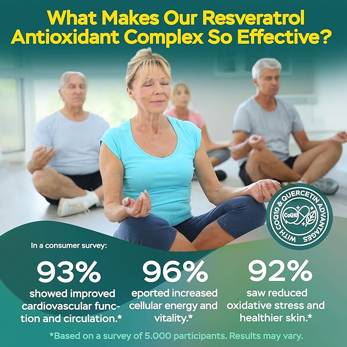 Resveratrol Supplement 1800mg Complex - COQ10, Quercetin, Vitamin E, Vitamin C - Powerful Antioxidant Formula for Enhanced Energy, Heart Health & Healthy-Aging Support Trans Resveratrol 90 Capsules