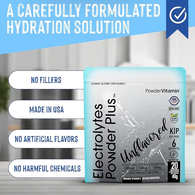 Electrolytes Powder Plus (20 Servings) Unflavored Electrolyte Powder Keto, Sugar Free, Pink Himalayan Salt.,1000mg Potassium,150mg Calcium,150mg Magnesium, Hydration Powder Organic STEVIA