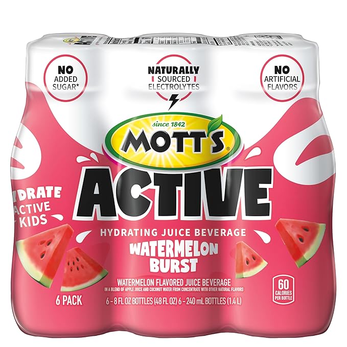 Mott's Active Watermelon Burst Hydrating Juice Beverage, 8 Fl Oz Bottles, 24 Count (4 Packs Of 6), Made With Naturally Sourced Electrolytes & Coconut Water, Gluten & Caffeine-free, Kosher
