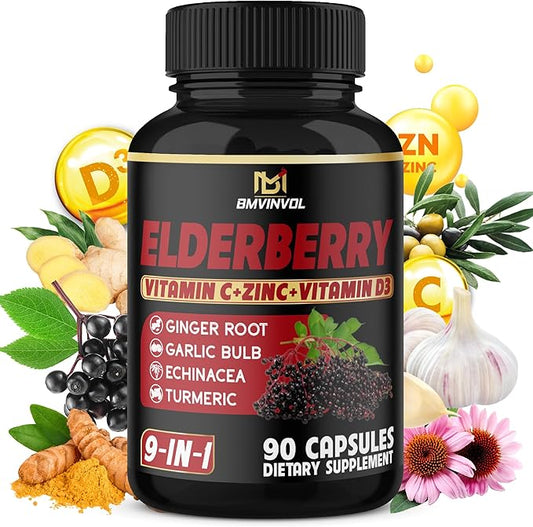 BMVINVOL Elderberry Capsules - 9 in 1 Herbal Supplement for Antioxidant & Immune Support - Enhanced with Vitamin C, VIT.D3, Ginger Root - 3 Month Supply