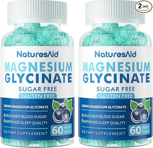 Magnesium Glycinate Gummies 1000mg - Sugar Free Magnesium Potassium Supplement with Vitamin D, B6, CoQ10 for Calm Mood & Sleep Support - 120 Blueberry Gummies -2 Pack