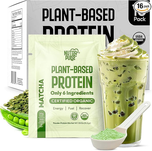 Matcha Vegan Protein Powder Sample Pack – 20g Organic Plant-Based Protein – Non-GMO, Gluten-Free, Soy-Free – Smoothie & Shake Ready – Easy to Digest – 16 Single Servings – Try All 16!