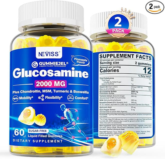 NEVISS Sugar Free Glucosamine Filled Gummies - Glucosamine Supplement Plus Chondroitin, MSM, Turmeric, Boswellia, Hyaluronic Acid, Vitamin D3 & Zinc, 120 Gummies, 60 Servings