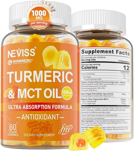 Turmeric Gummies 1000mg w/MCT Oil C8 C10, Organic Antioxidant, Sugar Free Turmeric Curcumin Supplement + Black Pepper Extract Support Flexible & Comfort, Digestion, Energy, Ultra Absorption, 60 Counts