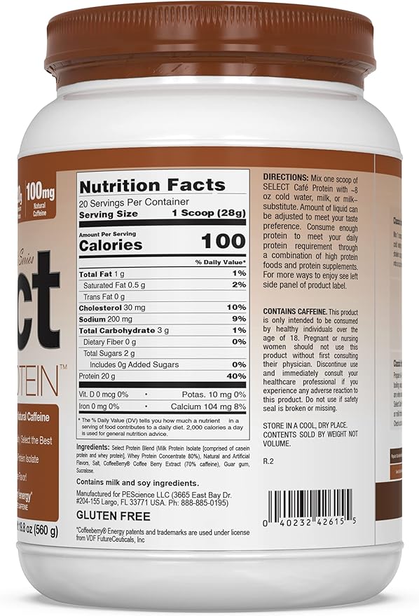 PEScience Select Cafe Protein, Caramel Macchiato, 20 Servings, Coffee Flavored Whey and Casein Blend with Caffeine