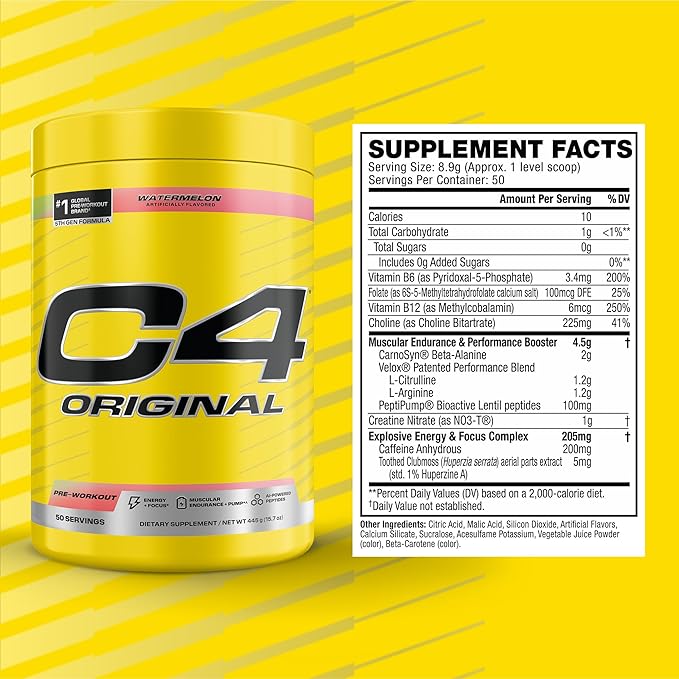 Cellucor C4 Original Pre Workout – Pre-Workout for Endurance, Focus & Performance with 200mg Caffeine, Beta-Alanine, Creatine Nitrate, L-Arginine & PeptiPump – Sugar Free, 50 Servings, Watermelon