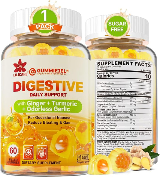 Ginger Chews Supplement Gummies for Nausea, Stomach Relief - Sugar Free with Turmeric & Odorless Garlic, Quercetin, Vitamin D3, Ultra Absorption for Digestive Support - 60 Count (Pack of 1)