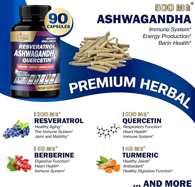 Organic Cadane Ashwagandha Supplements - 6 Premium Ingredients with Resveratrol, Quercetin, Berberine, Turmeric, Rhodiola Rosea - 90 Extract Capsules