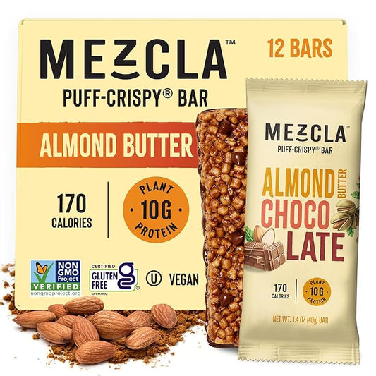 Mezcla Vegan Protein Bars, Gluten Free Snack Made with Dark Chocolate, Pea Protein, Almonds and Other Premium Ingredients, Healthy Snacks, Almond Butter Chocolate, 10g of Protein, 12 Pack