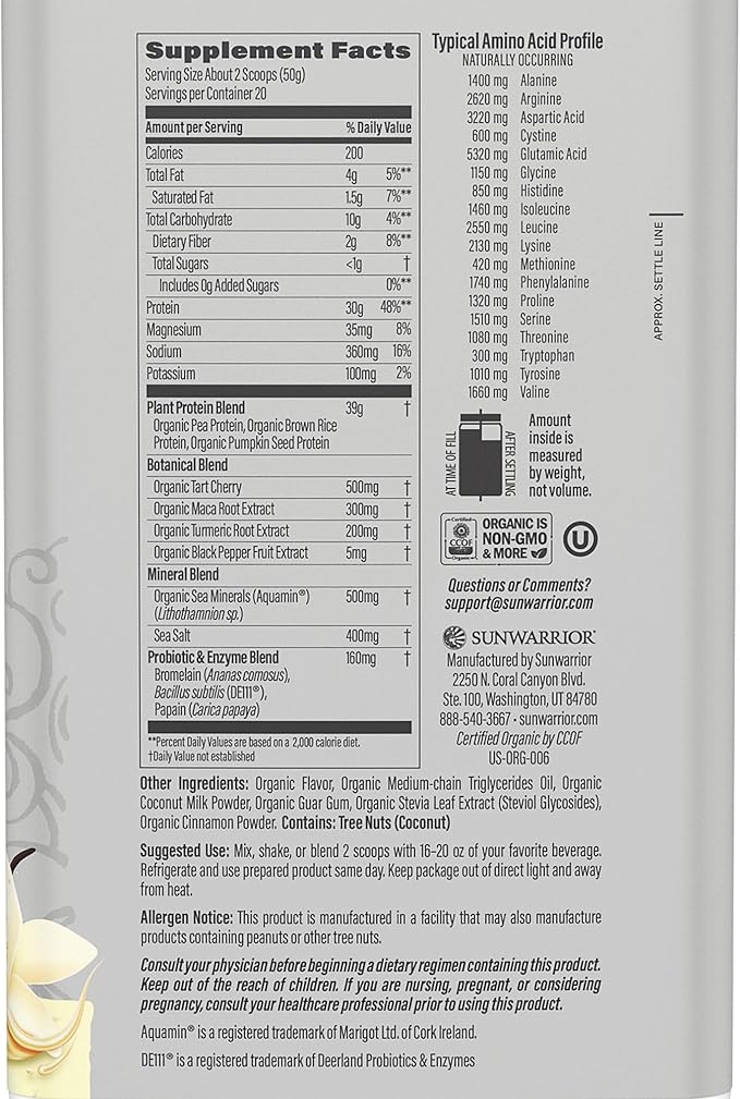 Sunwarrior Vegan Protein Powder Plant-Based USDA Organic BCAAs | Sugar, Gluten, Dairy Free Non-GMO | Vanilla Flavored 20 Servings | Sport Active