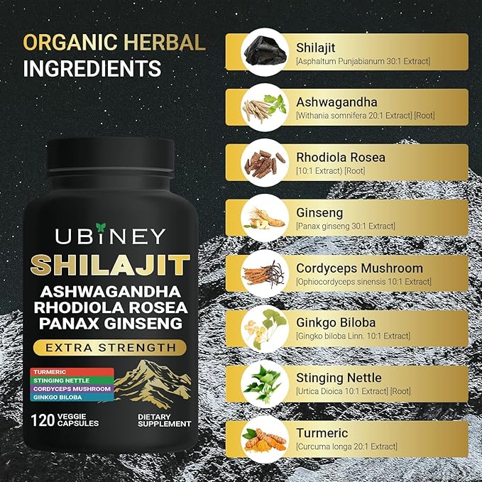 Premium Shilajit Capsules – 500mg with Ashwagandha, Ginseng & Cordyceps – Natural Energy, Stamina & Brain Support – Boost Focus, Vitality & Immunity – 120 Vegan Capsules, 4-Month Supply
