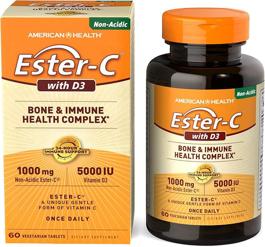 American Health EsterC with D3 Bone Immune Complex Vegetarian Tablets 24Hour Immune Support 1000 mg EsterC 5000 IU Vitamin D3 NonAcidic Vitamin C Servings, 60 Count