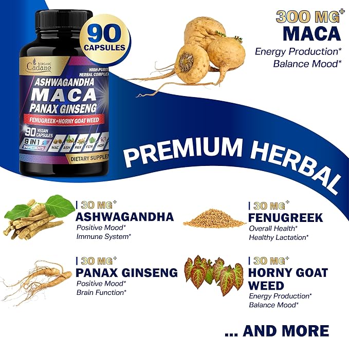 Organic Cadane Maca Root, Ashwagandha, Panax Ginseng Supplement - 90 Capsules 3 Months with Fenugreek, Tongkat Ali & More - Support for Strength, Stamina, Energy Production & Immunity