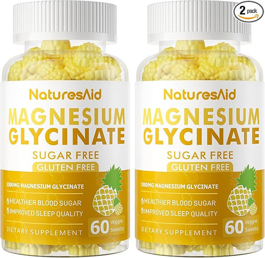 Magnesium Glycinate Gummies 1000mg - Sugar Free Magnesium Potassium Supplement with Vitamin D, B6, CoQ10 for Calm Mood & Sleep Support - 120 Pineapple Gummies -2 Pack