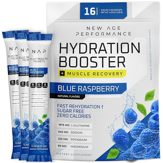 New Age Performance Hydration Packets, Electrolytes Powder Liquid Enhancer for Dehydration Relief, L-Glutamine Amino Acids for Muscle Workout Recovery, Sugar Free & 0 Calorie, 16 Pack (Blue Raspberry)