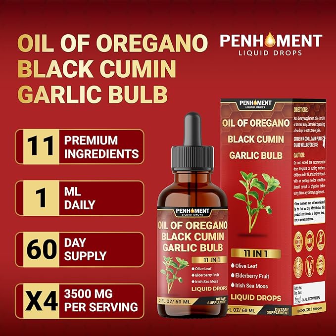 11in1 Organic Oregano Oil Drops with Black Seed Liquid, Garlic, Vitamin D3 & K2, Olive Leaf, Elderberry, Sea Moss, Ashwagandha & Ginger - Immune Support - 2 Fl Oz - 60 Days