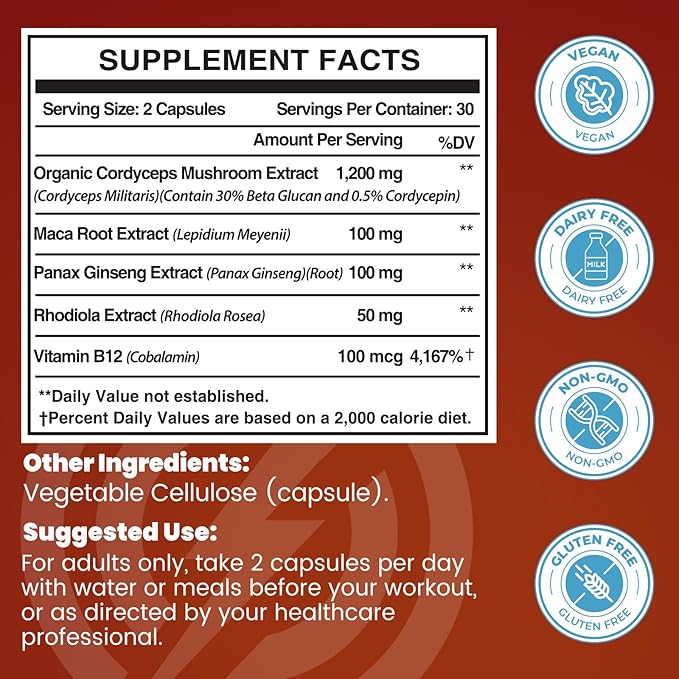 Cordyceps Mushroom Capsules - Immune & Energy Support Supplement with Cordyceps Militaris, Maca Root, Ginseng, Rhodiola, Mushroom Supplement for Endurance, Stamina, Athletic Performance, 60 Capsules