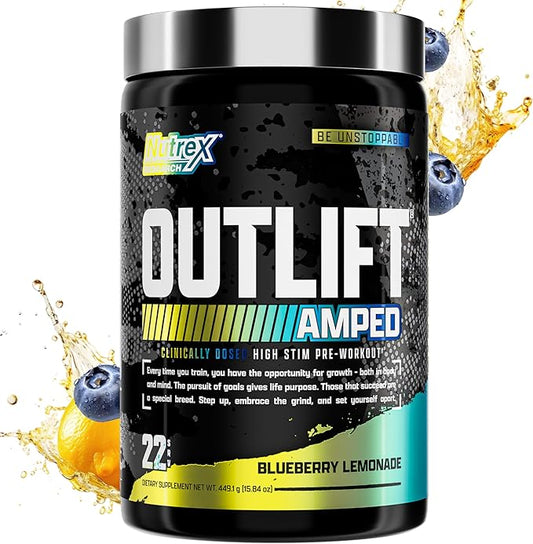 OUTLIFT Amped Max Dosed HIGH STIM Pre Workout Powder, 6G Citrulline, 3.2G Beta Alanine, Alpha GPC, CognatiQ, Extreme Energy, Massive Pumps, Electrolytes, Nootropics Blueberry Lemonade - 22 Serv