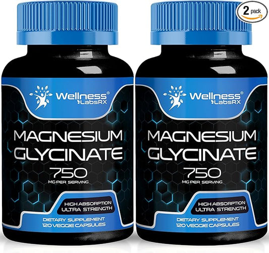 Magnesium Glycinate Capsules - 750mg | 120 Count, Magnesium Supplement for Women and Men - Pure Complex Glicinato De Magnesio, High Absorption, Heart Health, Sleep Supplement - 2 Packs