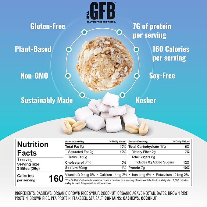 The GFB Coconut Cashew Protein Bites - Gluten Free, Plant Based, Non GMO, Sustainably Made – Ridiculously Tasty, Healthy, Vegan, Protein Energy Balls, 1.2 oz (10 count)