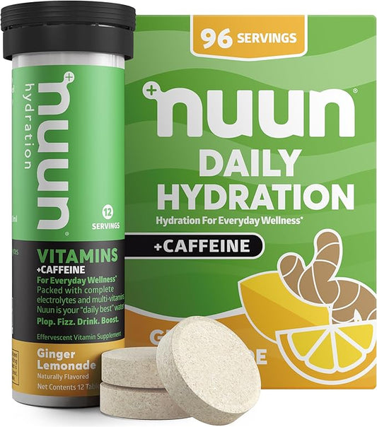 Nuun Vitamins + Caffeine Electrolyte Tablets with Vitamin D, C, E, A, & B6, Folic Acid, Magnesium & 4 Other Essential Electrolytes, Gluten Free & Vegan, Ginger Lemonade, 8 Pack (96 Servings Total)