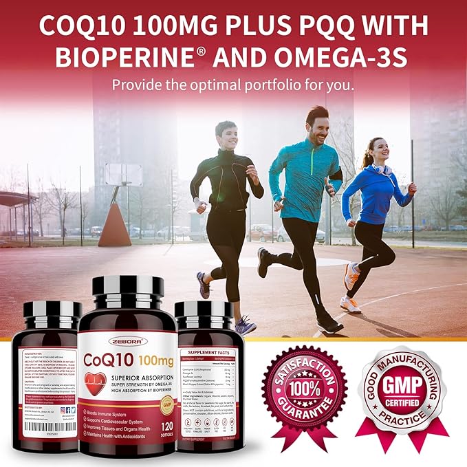 CoQ10-100mg-Softgels with PQQ, BioPerine & Omega-3, High Absorption Coenzyme Q10 Supplement, Powerful-Antioxidant, Support Heart & Energy-Production 120 Servings, Non-GMO