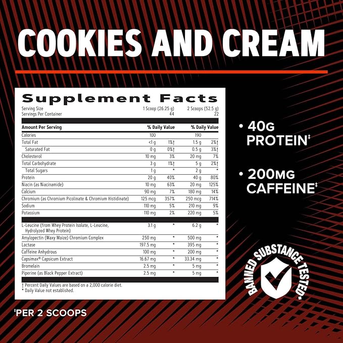 GNC AMP Wheybolic Ripped Protein Powder & Thermogenic Protein Supplement, Muscle Strength & Size, Energy & Endurance, 40g Protein, 6.2g Leucine, 15g EAA, Caffeine, Cookies and Cream, 22 Servings