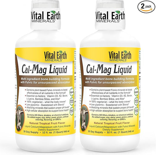 Vital Earth Minerals Cal-Mag Liquid – Calcium Magnesium Supplement with Vitamin D3, K2, Boron, and Fulvic Acid for Faster Absorption, 32 Oz Ea + 1 Oz Cup