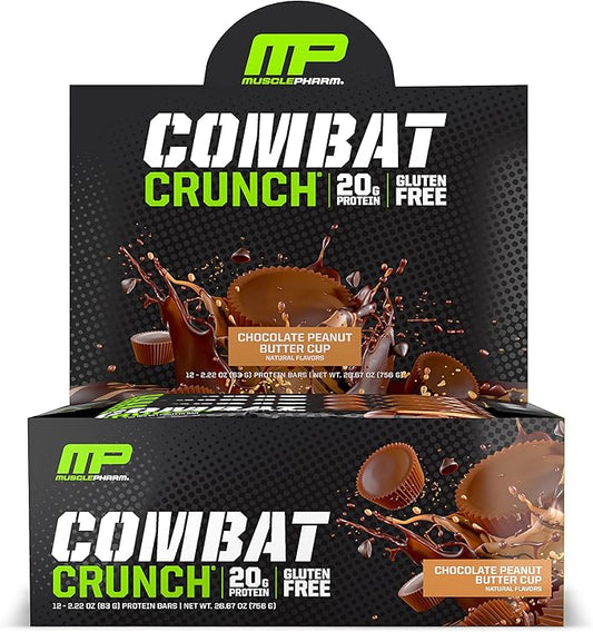 MusclePharm Combat Sport Bar, Chocolate Peanut Butter Cup, High Protein Bars, Combat Cravings, Fuel Performance & Meet Energy Demands, 20g Protein from Whey Protein, 5g Fiber, Gluten Free, 12 Bars