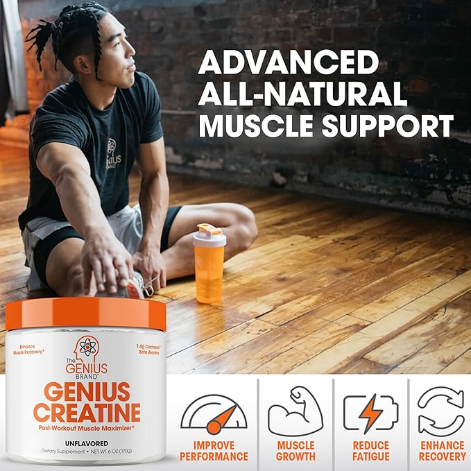 Genius Micronized Creatine Monohydrate Powder, Post Workout Supplement, Unflavored - 100% Naturally Flavored & Sweetened - Supports Muscle Building, Cellular Energy & Cognitive Function – 170g