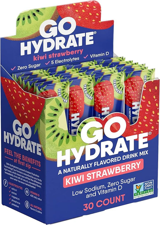 GoHydrate Instant Hydration Powder Packets - Low Sodium Electrolytes Drink Mix - Natural Hydration Support, Sugar Free Electrolyte Flavored Powder Drink with Vitamin D, 30 Packs, Kiwi Strawberry