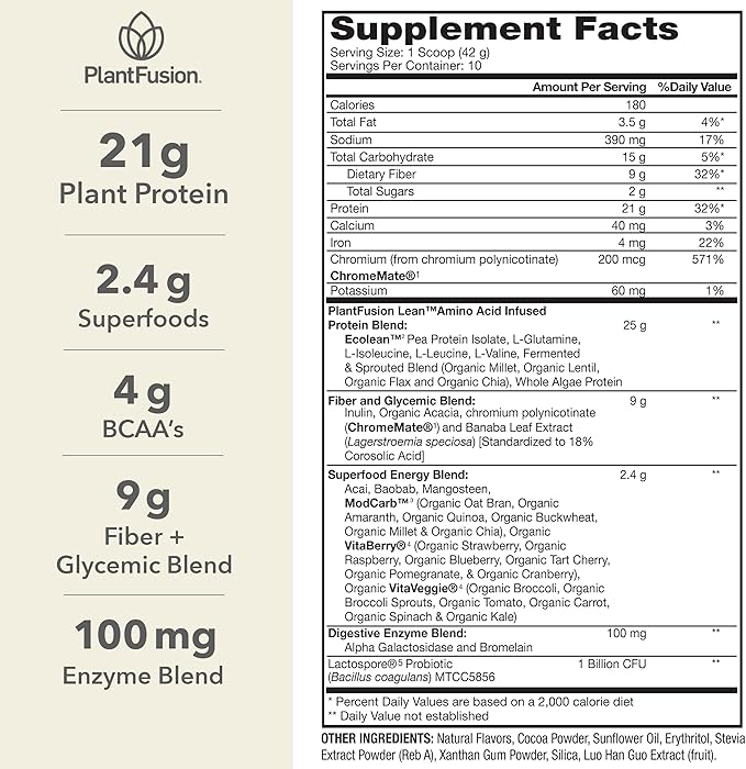 PlantFusion Complete Lean Plant Based Protein Powder - Prebiotic Fiber, Superfoods & Digestive Enzymes - Vegan, Gluten Free, Soy Free, Non-GMO - Chocolate Brownie 1 lb