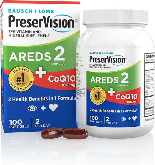 PreserVision AREDS 2 Eye Vitamins for Macular Support with CoQ10 for Heart Health, Lutein and Zeaxanthin Supplement with Vitamin C & E, Zinc, and Copper for Vision & Ocular Health, 100 Softgels