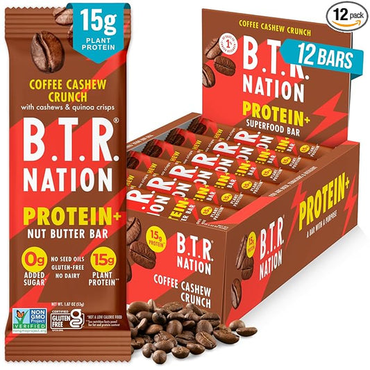 B.T.R. Nation Vegan Keto Plant Based High Protein & High Fiber Bars - Coffee Cashew Crunch Protein+ | 12 Bars | Low Carb & GF, Free of Sugar Alcohols, Dairy, Soy and with Powerful Superfoods!