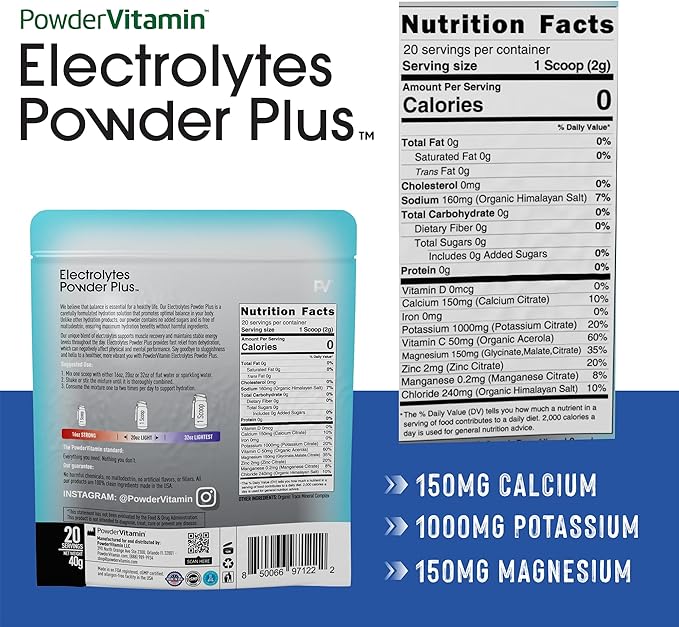 Electrolytes Powder Plus (20 Servings) Unflavored Electrolyte Powder Keto, Sugar Free, Pink Himalayan Salt.,1000mg Potassium,150mg Calcium,150mg Magnesium, Hydration Powder Organic STEVIA