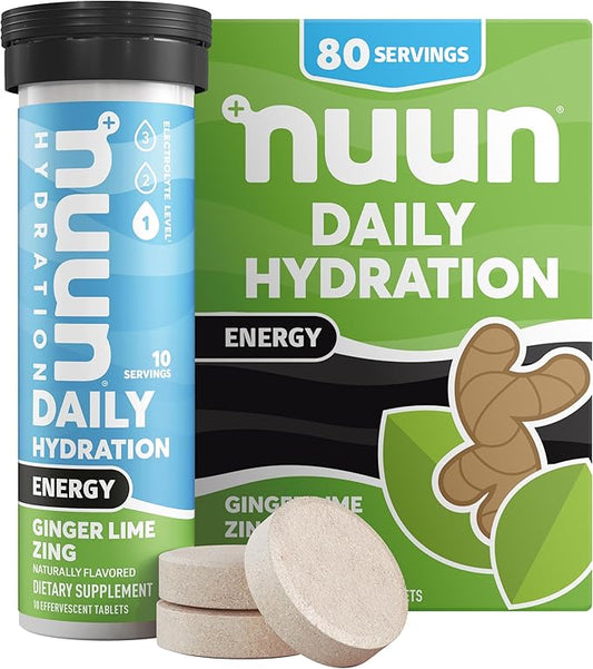 Nuun Energy Electrolyte Tablets with Ginseng, Caffeine from Green Tea Extract, Vitamin B12, B6, B5, Magnesium & 4 Other Electrolytes, Gluten Free & Vegan, Ginger Lime Zing, 8 Pack (80 Servings Total)