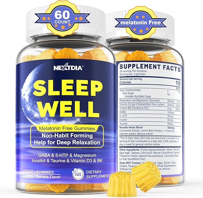 Melatonin Free Sleep Gummies with Magnesium Glycinate, GABA, 5-HTP, L-Theanine, Valerian, Chamomile, Lemon Balm, Vitamin D3 & B6 - Hormone & Drug- Free, Non-Habit Forming,Sugar Free