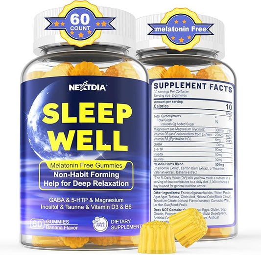 Melatonin Free Sleep Gummies with Magnesium Glycinate, GABA, 5-HTP, L-Theanine, Valerian, Chamomile, Lemon Balm, Vitamin D3 & B6 - Hormone & Drug- Free, Non-Habit Forming,Sugar Free