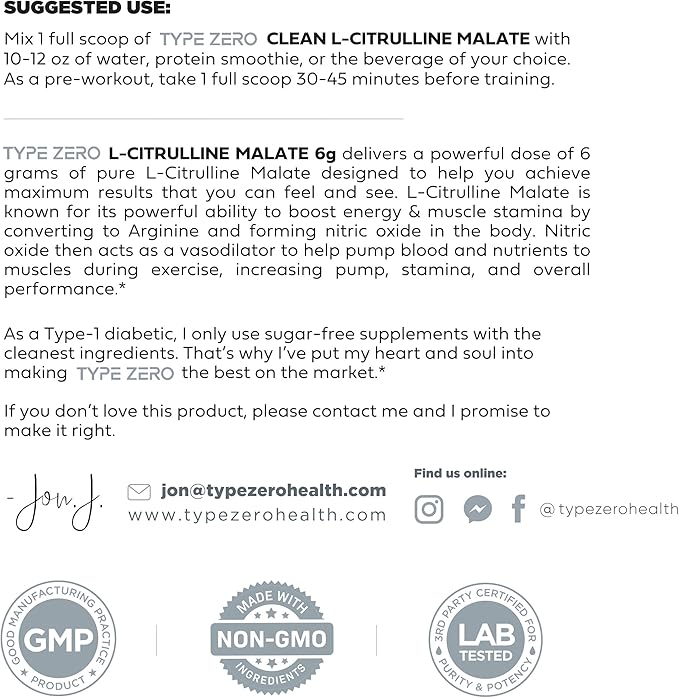 Type Zero L-Citrulline Malate Powder 2:1 6X (300g | 6000mg Per Serving | Unflavored) Ultra Clean L Citrulline, Nitric Oxide Booster, Pre Workout - Nitrous Oxide Vasodilator Supplement