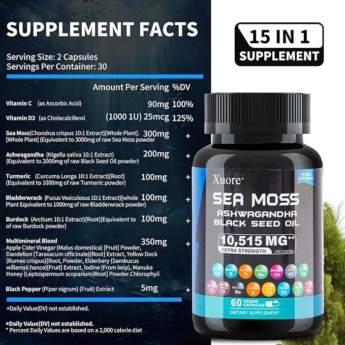 Bundle of Sea Moss,Maca,Lions Mane, Black Seed Oil, Ashwagandha, Ginger & Rhodiola Rosea, Panax Ginseng, Turkey Tail, Reishi, Cordyceps, Chaga All in 1 Supplements (1 Pack)