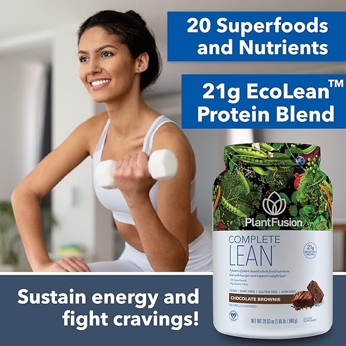 PlantFusion Complete Lean Plant Based Protein Powder - Prebiotic Fiber, Superfoods & Digestive Enzymes - Vegan, Gluten Free, Soy Free, Non-GMO - Chocolate Brownie 1 lb