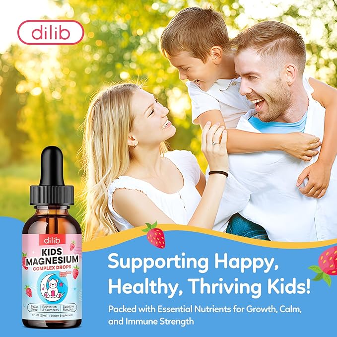 Kids Magnesium Liquid Drops - Liquid Magnesium Glycinate for Kids, Citrate Supplement with L-theanine, Omega-3, Vitamin B12, D3 for Sleep, Calm, Relaxation, Brain, Bones, Strawberry 2 Fl Oz