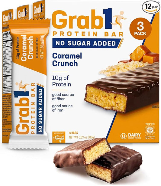 Grab1 Sugar Free Protein Bars, Caramel Crunch (3 Pack- 12 Bars) | Delicious and Nutritious | Low Calorie | Only 1g Sugar
