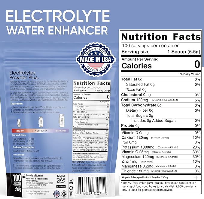 Electrolytes Powder Plus (100 Servings) Blueberry Grape Electrolyte Powder Sugar Free, Keto, 0 Sugar, No Maltodextrin, 1000mg Potassium, 120mg Calcium, 120mg Magnesium, Hydration Powder