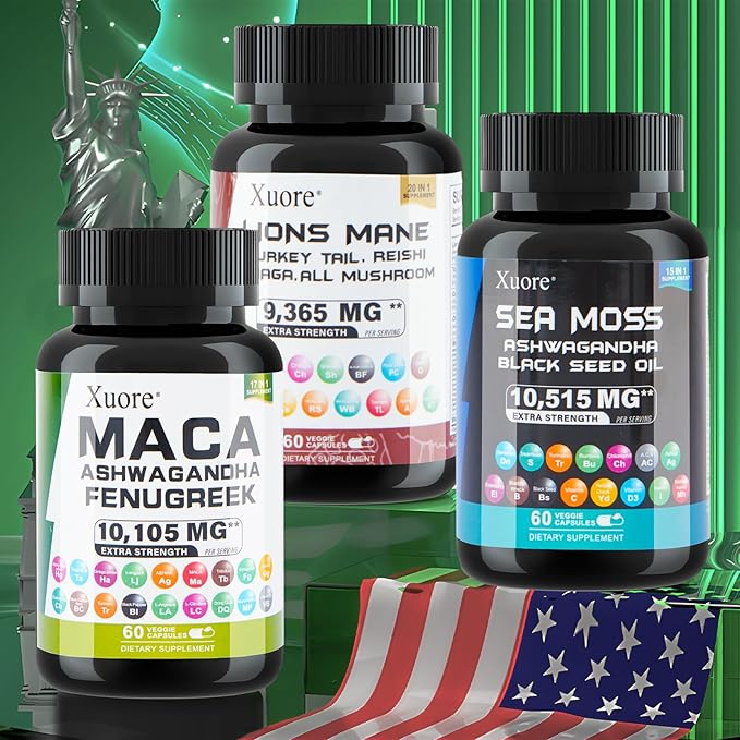 Bundle of Sea Moss,Maca,Lions Mane, Black Seed Oil, Ashwagandha, Ginger & Rhodiola Rosea, Panax Ginseng, Turkey Tail, Reishi, Cordyceps, Chaga All in 1 Supplements (1 Pack)