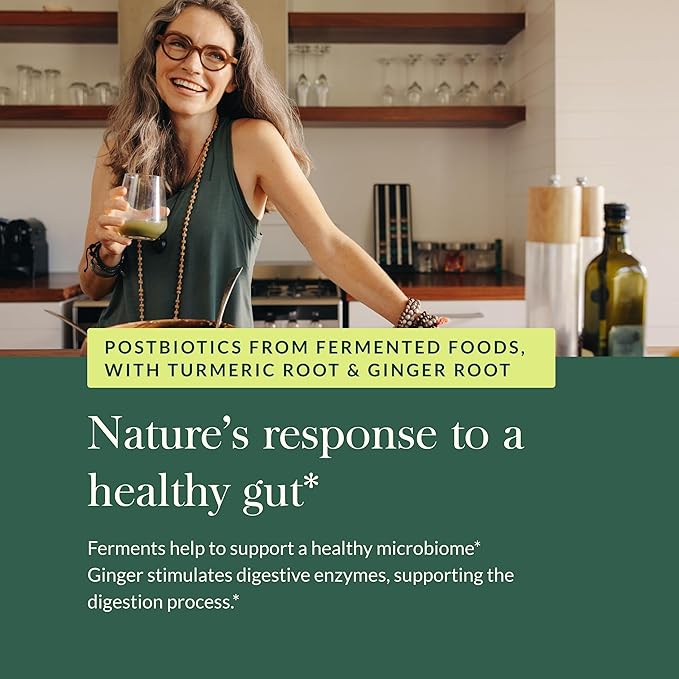 Gaia Herbs Ginger-Turmeric Postbiotic - Premium Digestive Support Supplement for Gut Health - Made with Fermented Turmeric & Ginger - Free from Dairy, Soy & Gluten - 60 Vegan Capsules (30 Servings)